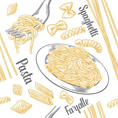 Seamless pattern set pasta with title. Farfalle, conchiglie, penne, fusilli and spaghetti on fork. clipart