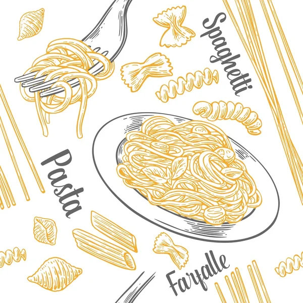 Seamless pattern set pasta with title. Farfalle, conchiglie, penne, fusilli and spaghetti on fork. — Stock Vector