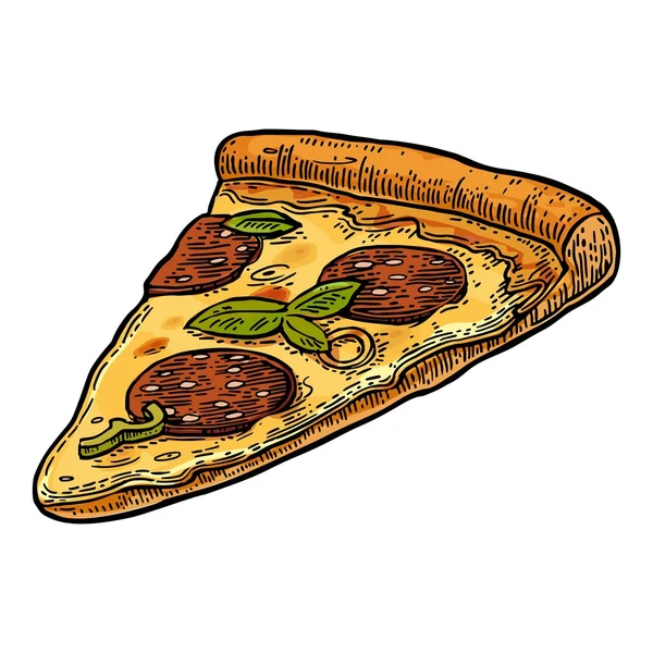 Cortar pizza pepperoni. Ilustración de grabado vectorial vintage para póster, menú, caja . — Archivo Imágenes Vectoriales