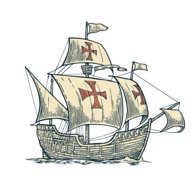 Dalgalar deniz üzerinde yüzen gemi yelken. Caravel Santa Maria.