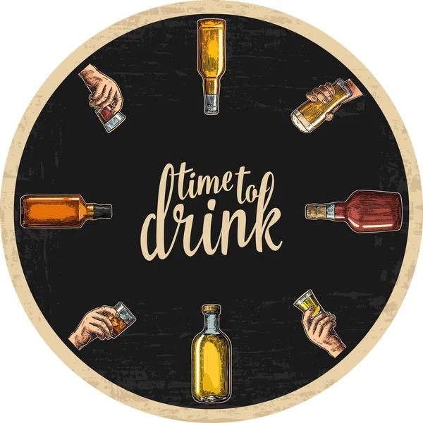 Coaster for alcohol drinks with bottle and hand holding glass with beer, whiskey, tequila, rum. — Stock Vector