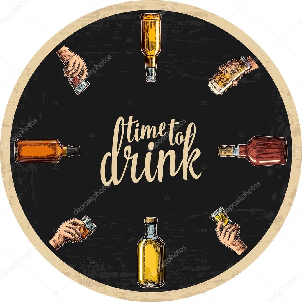 Coaster for alcohol drinks with bottle and hand holding glass with beer, whiskey, tequila, rum.