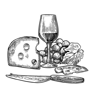 Peynir ve şarap ayarlayın. Şişe, cam, üzüm ve bıçak.