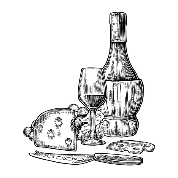 Queijo e vinho. Garrafa, vidro, cacho de uvas e faca . — Vetor de Stock