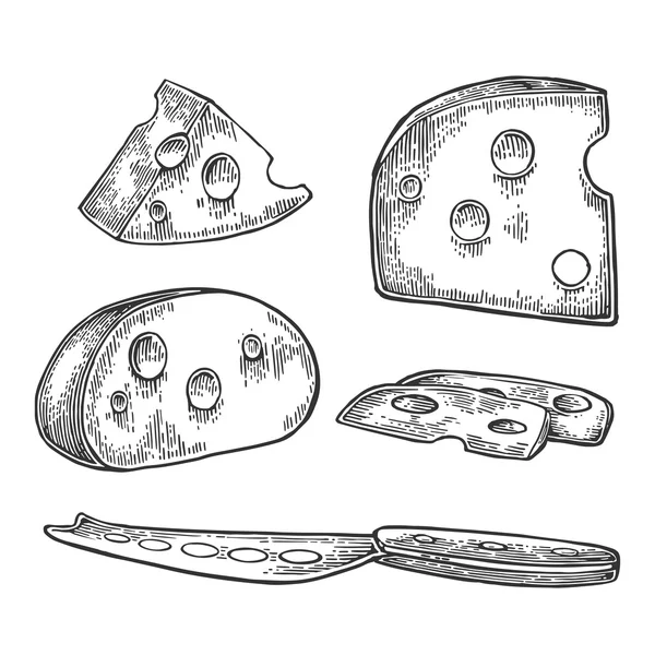 Kousky sýrů a nůž. Polovina kulaté hlavy a trojúhelník sýra. — Stockový vektor