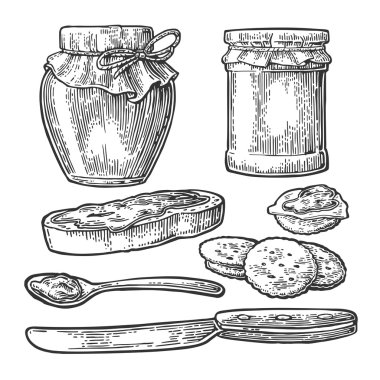 Jar, spoon, knife and slice of bread with jam. clipart