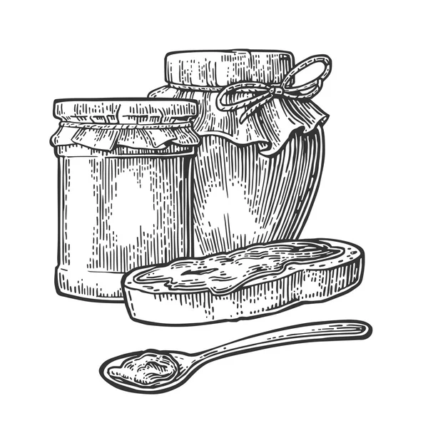 Frasco, colher e fatia de pão com compota . — Vetor de Stock