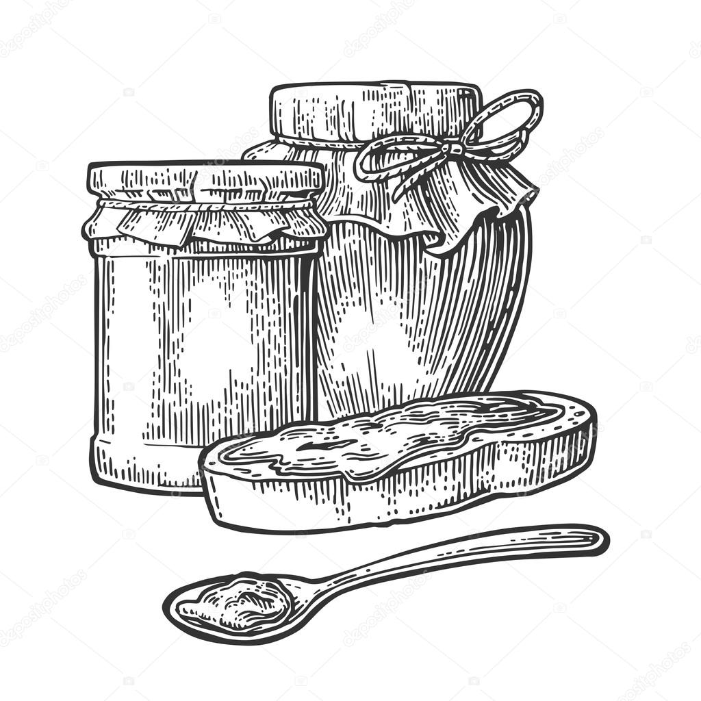 Jar, spoon and slice of bread with jam.