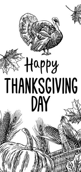 Hand drawn thanksgiving day with leaves, pumpkin, corn cob, turkey, ear and spica on white background. — Stock Vector