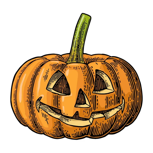 Calabaza de Halloween con cara de miedo. Vector grabado vintage ilustración . — Vector de stock