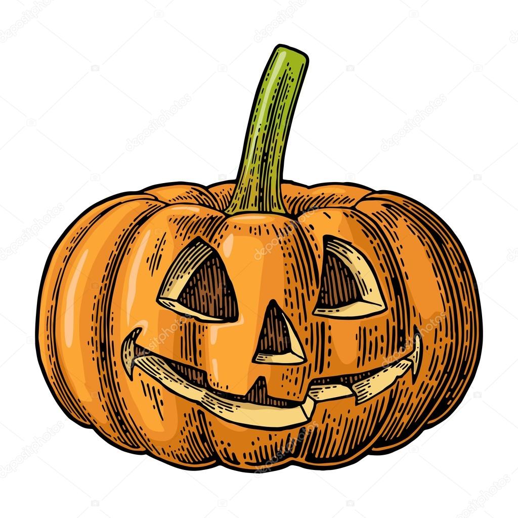 Halloween pumpkin with scary face. Vector vintage engraving illustration.