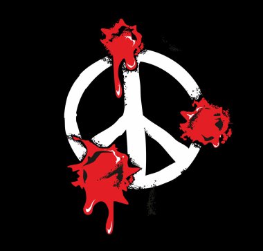 Kan splatters barış işareti ile kurşun delikleri. Siyah arka plan üzerine düz vektör çizim
