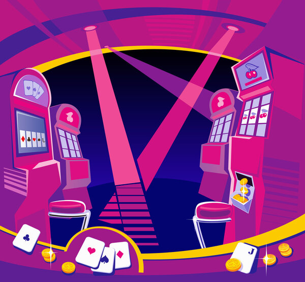 Interior casino - slot machines, chairs, light projectors.