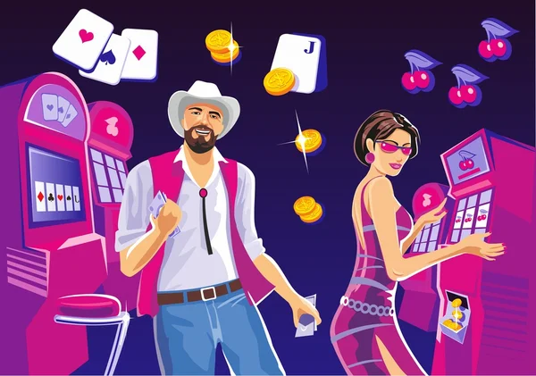 Interiör casino med människor. Lycklig kvinna spelar i spelautomater. Tur man med cowboyhatt håller pengar. Designkonceptet för spelande lycka ans framgångsrik spela. — Stock vektor