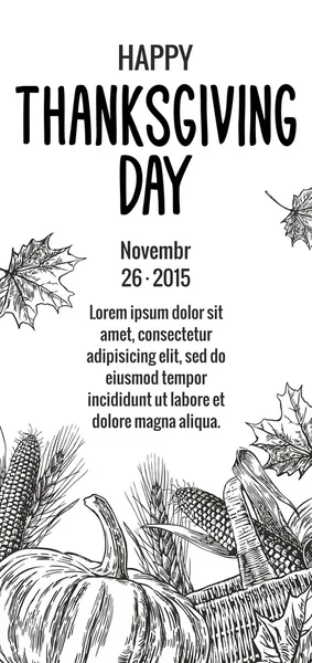 Día de acción de gracias dibujado a mano con hojas, calabaza, mazorca de maíz, espiga y spica sobre fondo blanco . — Archivo Imágenes Vectoriales