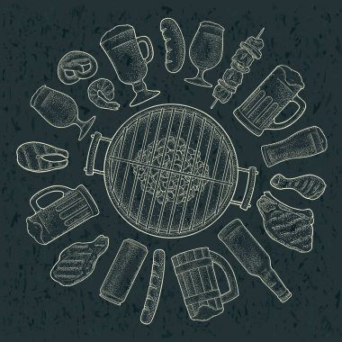 Bardak bira ve ızgara bbq yemeği. Vektör vintage oymacılığı