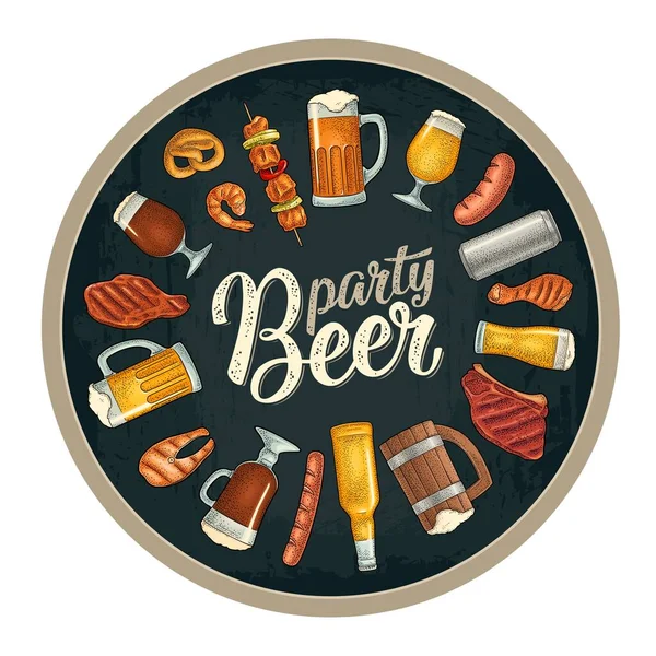 Beer party calligraphic handwriting lettering. Beer and grill engraving — Stock Vector
