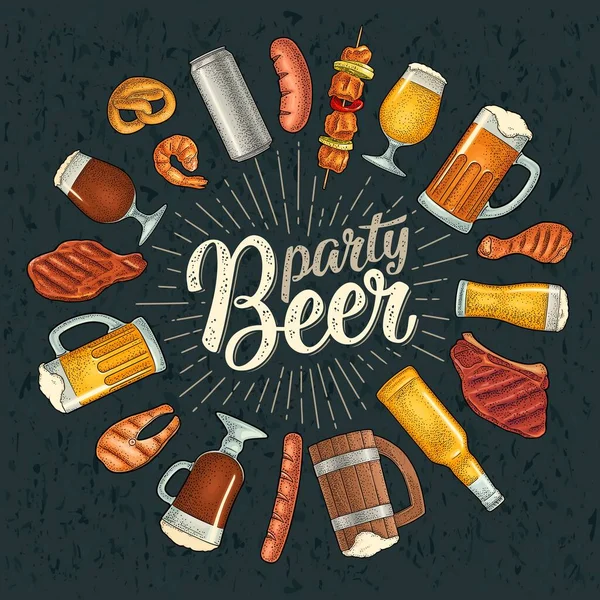 Beer party calligraphic handwriting lettering. Beer and grill engraving — Stock Vector