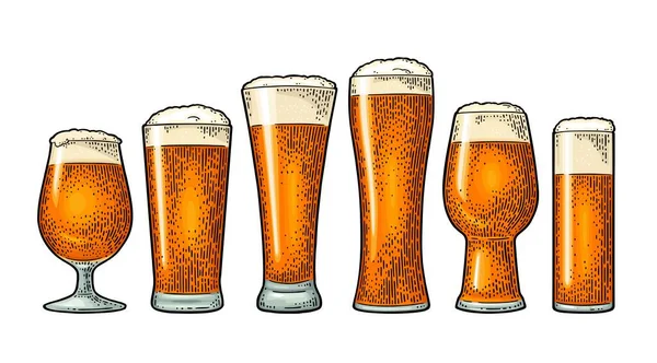 Diferentes tipos de copos de cerveja. Gravura a cores vintage — Vetor de Stock