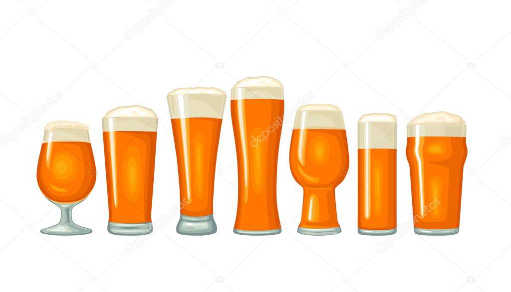 Different types beer glasses. Vector color flat icon
