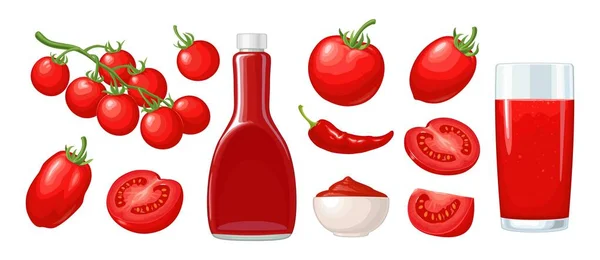 Ketchup Fles Chili Tomatensaus Een Bord Sap Tak Half Plak — Stockvector