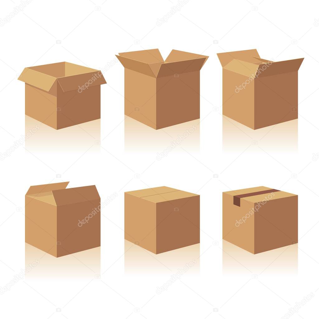 Open and closed recycle brown carton delivery packaging box. Collection vector illustration isolated box with shadow on white background for web, icon, banner, infographic.