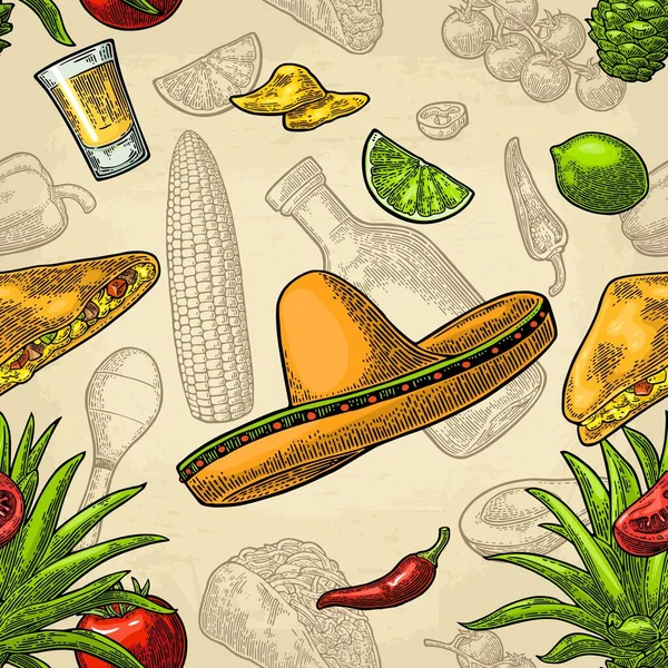 Comida Mexicana Sin Costuras Tequila Vidrio Botella Sombrero Tacos Verduras — Vector de stock