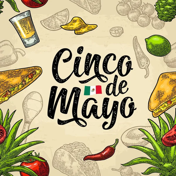 Patrón Inconsútil Comida Mexicana Letra Cinco Mayo Tequila Vidrio Tacos — Vector de stock