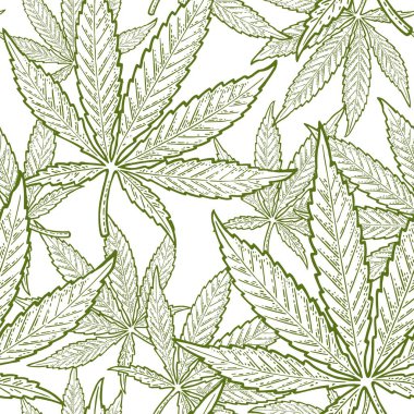 Marihuana yaprağıyla kusursuz desen. El çizimi element kenevir. Etiket, poster ve web için klasik renk vektör oymacılığı. Beyaz arkaplanda izole