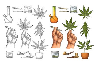 Marihuana hazırla. Sigara, pipo, çakmak, tomurcuklar, el tutma yaprağı, şişe, sigara, cam kavanoz, plastik torba, esrar içmek için pipo. Klasik siyah vektör kabartma çizimi. Beyazda izole edilmiş