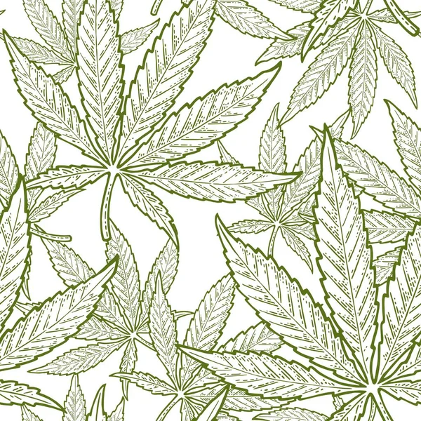 マリファナの葉とシームレスなパターン 手描きのデザイン要素大麻 ラベル ポスター ウェブのためのヴィンテージカラーベクトル彫刻イラスト 白地に隔離された — ストックベクタ