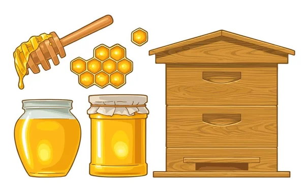 Honingset Potten Korf Honingraat Vector Kleurenillustratie Geïsoleerd Witte Achtergrond — Stockvector