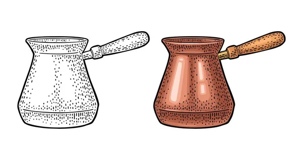 土耳其铜咖啡壶 古色素色矢量刻划图为标签 被白色背景隔离 手绘草图风格 — 图库矢量图片