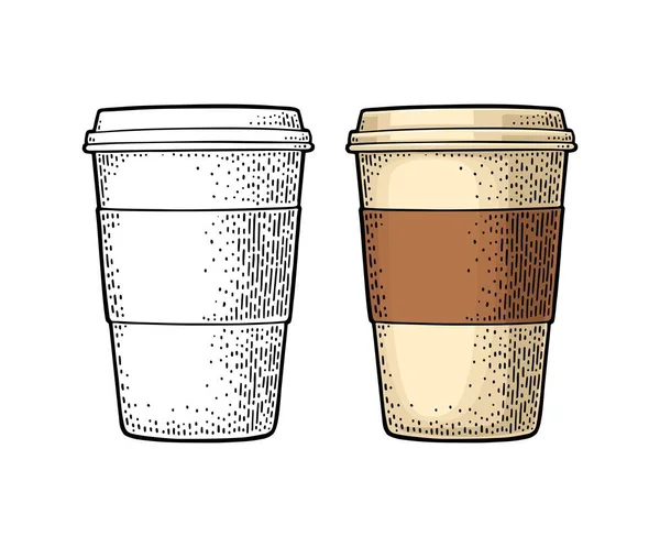 Café Con Tapa Portavasos Dibujo Dibujado Mano Ilustración Grabado Vectorial — Vector de stock