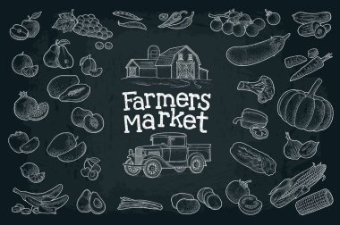 Sebze ve meyve koy. Retro kamyonet ve hangar. Çiftçi pazarında el yazısı. Beyaz vektör el çizimi, klasik gravür çizimi. Siyah arkaplanda izole edilmiş.