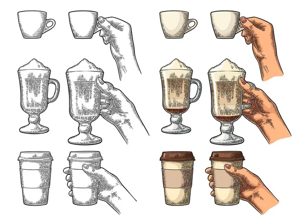 Manos Sosteniendo Una Taza Café Desechable Con Soporte Cartón Vaso — Archivo Imágenes Vectoriales