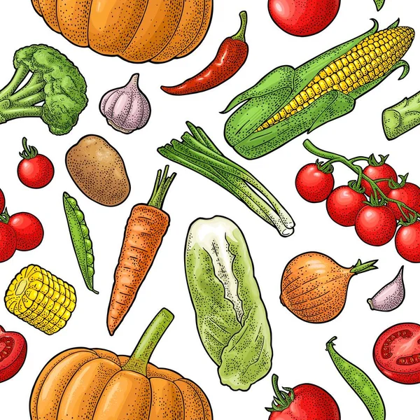 Bezszwowe Warzywa Wzorcowe Ogórki Czosnek Kukurydza Pieprz Brokuły Ziemniaki Marchew — Wektor stockowy