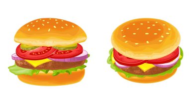 Et, marul, peynir, salatalık, soğan ve domatesli hamburger. Vektör renk çizimi. Beyaz arkaplanda izole