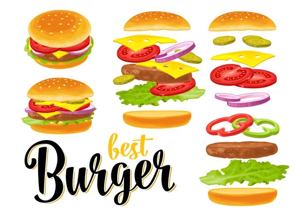 Burger Repülő Összetevők Közé Tartozik Zsemle Paradicsom Saláta Sajt Hagyma — Stock Vector