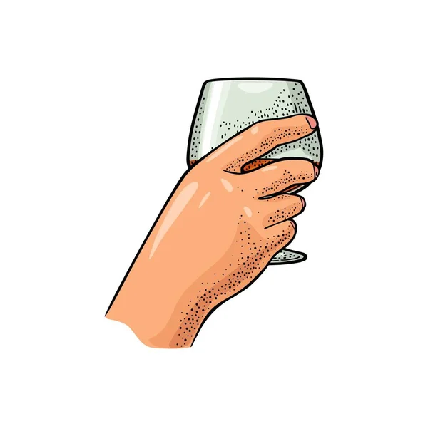 Female Hand Holding Glass Brandy Vintage Color Vector Engraving Illustration — Stockový vektor