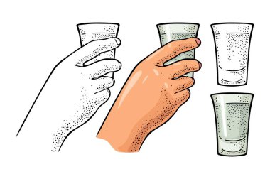 Cam votka tutan bir kadın. Etiket, poster ve parti davetiyesi için klasik renk vektör oymacılığı. Beyaz arkaplanda izole