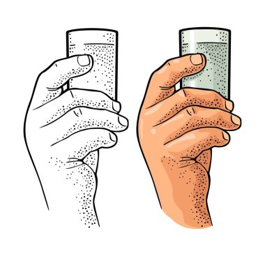 Erkek, cam votka tutuyor. Etiket, poster ve parti davetiyesi için klasik renk ve monokrom vektör oyma illüstrasyonu. Beyaz arkaplanda izole
