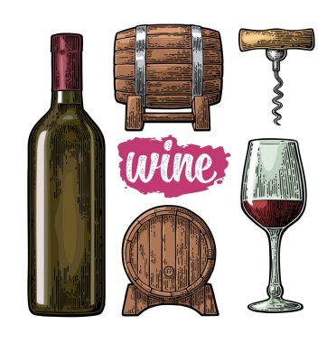 Şarap seti. Şişe, cam, tirbuşon, fıçı. Beyaz arkaplanda izole edilmiş renkli oymalı vektör çizimi. Etiket posteri, web.