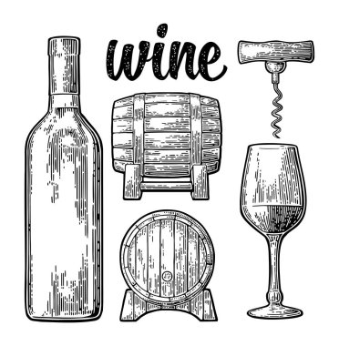 Şarap seti. Şişe, cam, tirbuşon, fıçı. Beyaz arka planda izole edilmiş siyah vintage oymalı vektör çizimi. Etiket posteri, web.