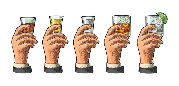 Mano Masculina Sosteniendo Vaso Con Tequila Vodka Ron Ginebra Whisky — Archivo Imágenes Vectoriales