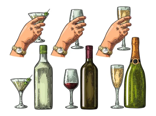 Σετ Αλκοολούχα Ποτά Μπουκάλι Ποτήρι Και Χέρι Κρατώντας Κοκτέιλ Κρασί — Διανυσματικό Αρχείο
