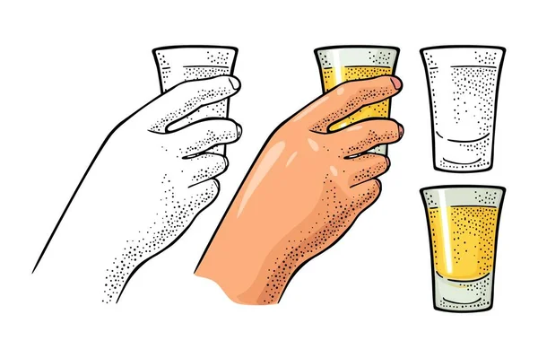 Kvinnlig Hand Håller Glas Tequila Vintage Färg Vektor Gravyr Illustration — Stock vektor
