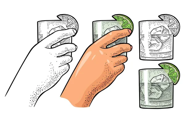 Female Hand Holding Glass Cocktail Gin Lime Ice Cube Vintage — Stock Vector