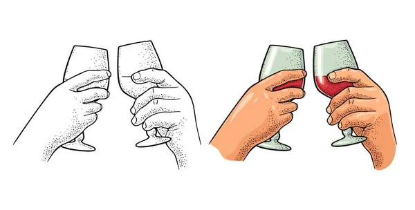両手を持ち ワインのグラスをクリックします ウェブ ポスター パーティーへの招待のためのヴィンテージカラーベクトル彫刻イラスト 白地に孤立した手描きのデザイン要素 — ストックベクタ