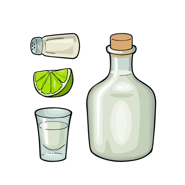 Verre Bouteille Sel Citron Vert Ensemble Cocktails Dessinés Main Avec — Image vectorielle